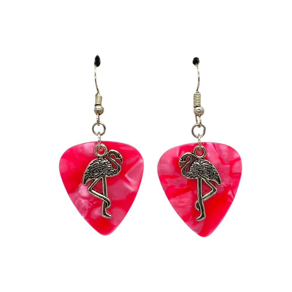Flamingo Bird Charm on Guitar Pick Earrings - Choose Color - Handmade in USA